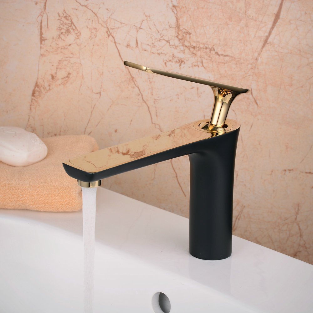 BathSelect Milan Single Handle Long Reach Spout Black & Gold Bathroom Faucet